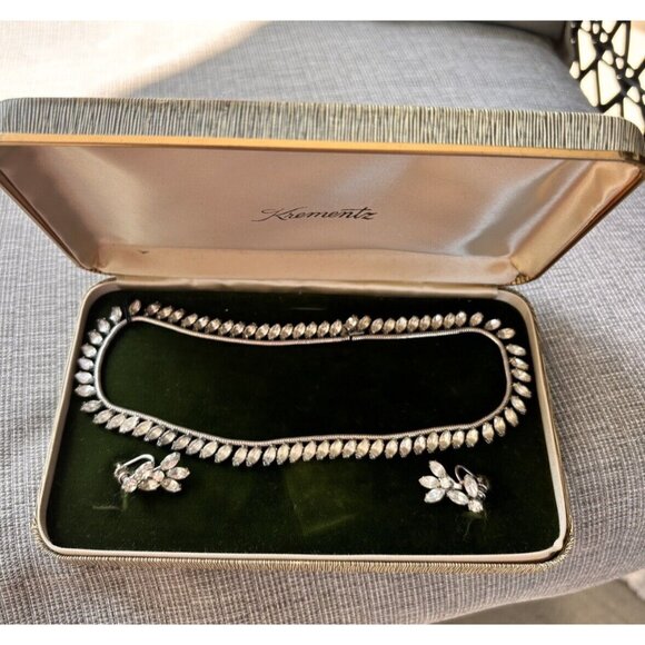 Krementz Jewelry - Vtg Krementz Clear Rhinestone Silver Tone Necklace & Earrings set W/ orig box